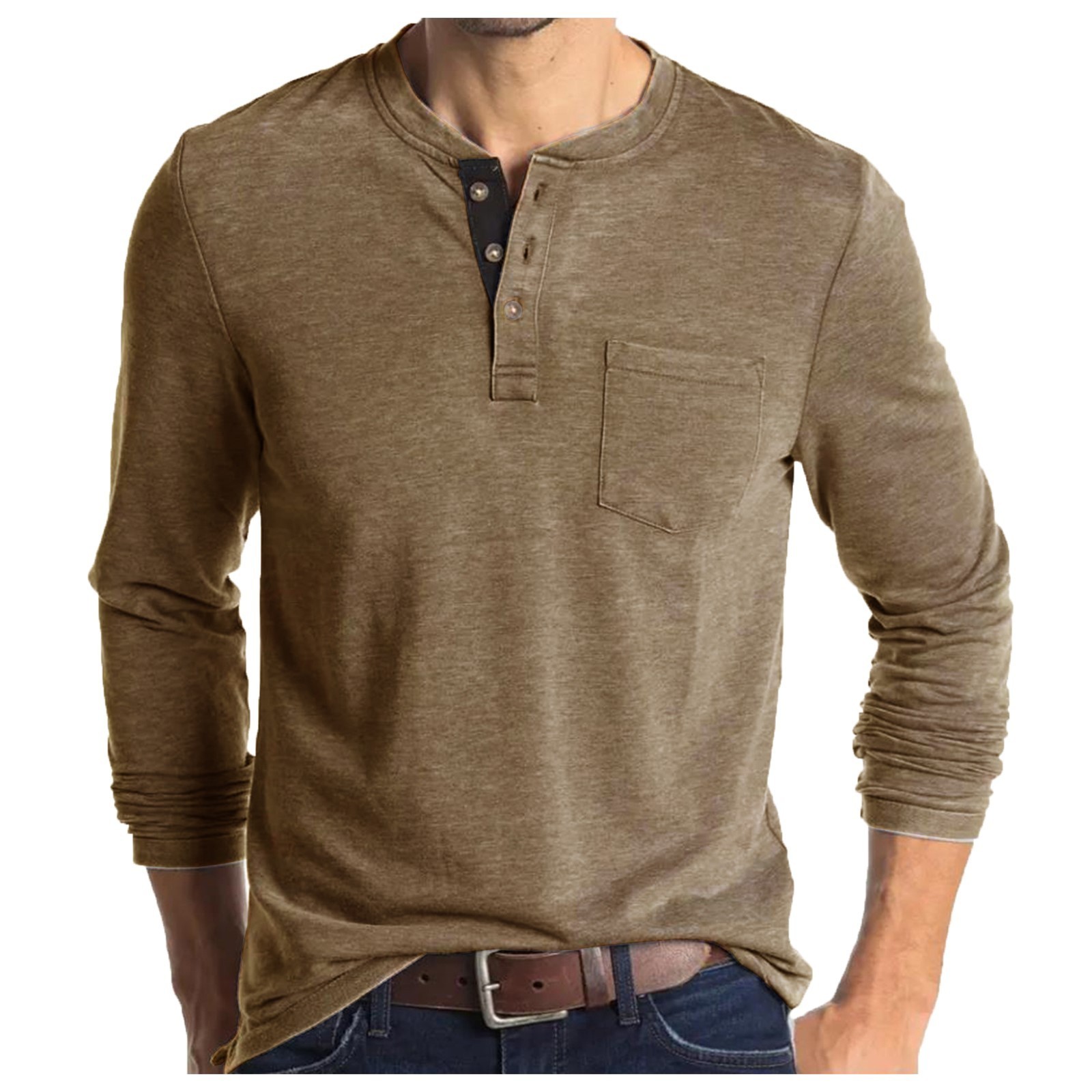 Classic Men's Henley Shirt - Long Sleeve Cotton Blend with Pocket - Image 8
