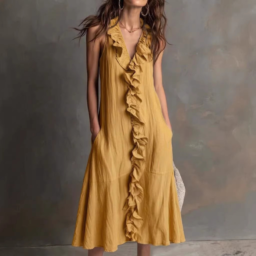 Breathtaking Women's Ruffle V-Neck Maxi Dress | 6 Colors, Linen Sleeveless - Image 6