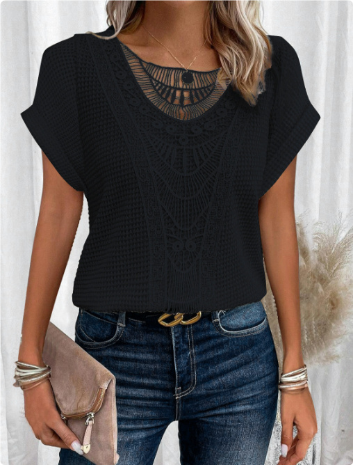 Lace Crochet Top: Elegant Short Sleeve Boho Blouse - Image 9