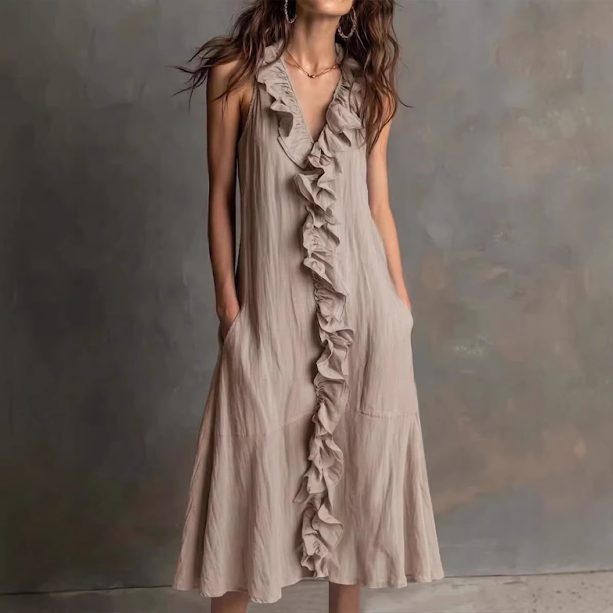 Breathtaking Women's Ruffle V-Neck Maxi Dress | 6 Colors, Linen Sleeveless - Image 3