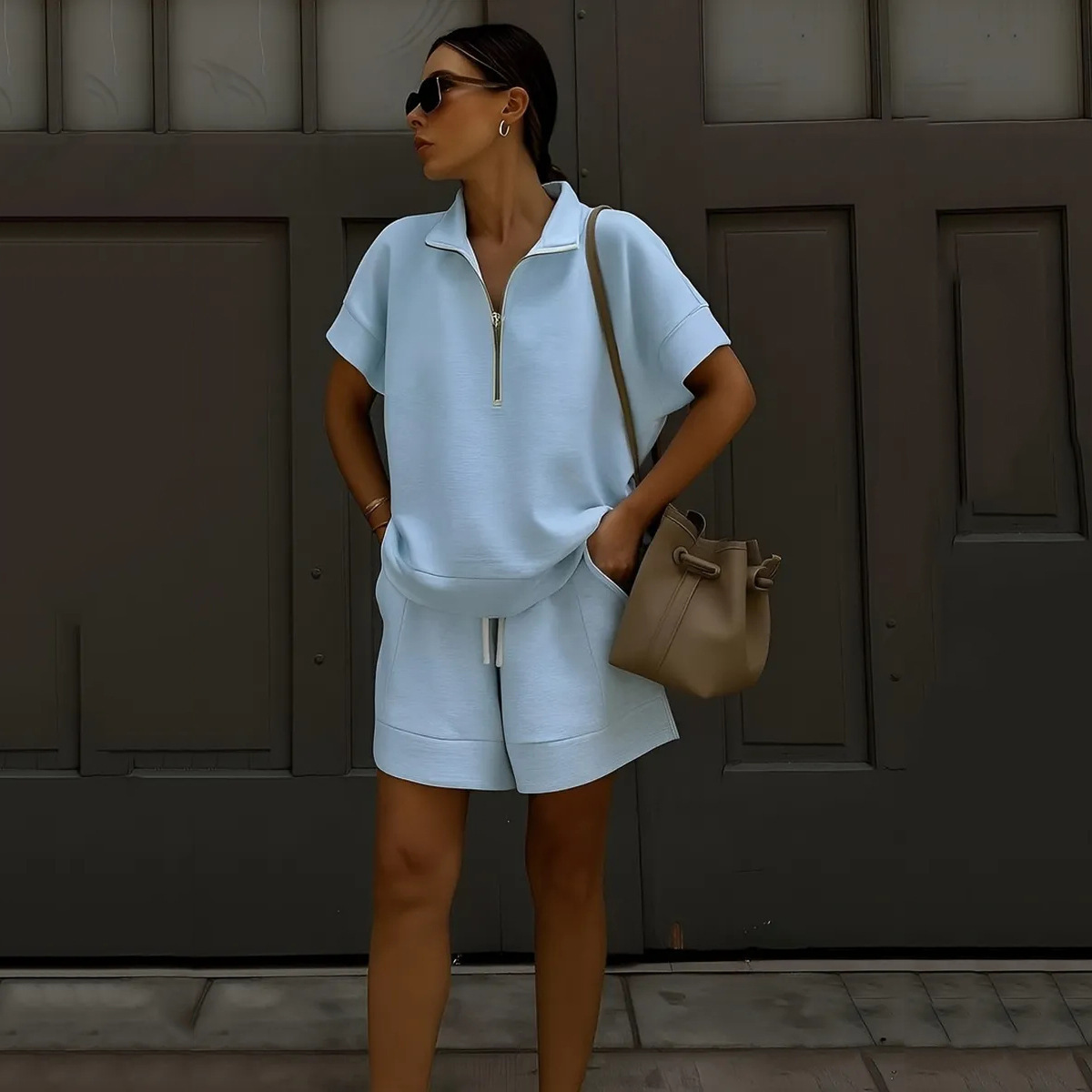 Women's 2-Piece Short Set | Half-Zip Casual Tracksuit Outfit - Image 9