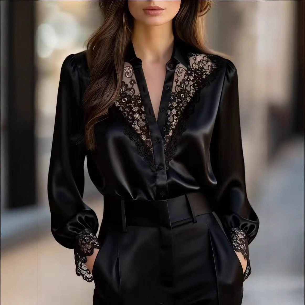 Women's Elegant Lace-Trimmed Satin Blouse – Button-Down Long Sleeve Silk-Like Shirt with Appliqué Details - Image 2