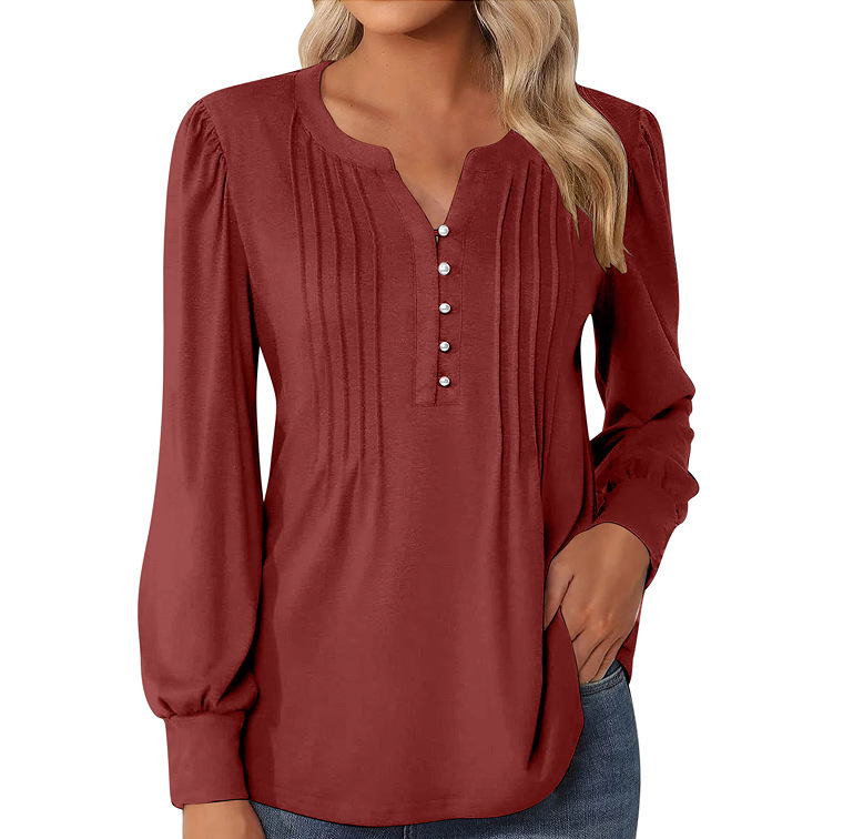 Sophisticated Pleated Henley Blouse – Elegant Long Sleeve Tunic Top - Image 10