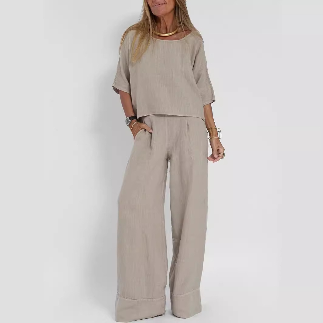 Women's Cotton Two Piece Wide Leg Pants Set