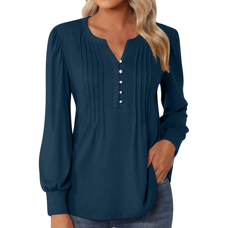 Sophisticated Pleated Henley Blouse – Elegant Long Sleeve Tunic Top - Image 4