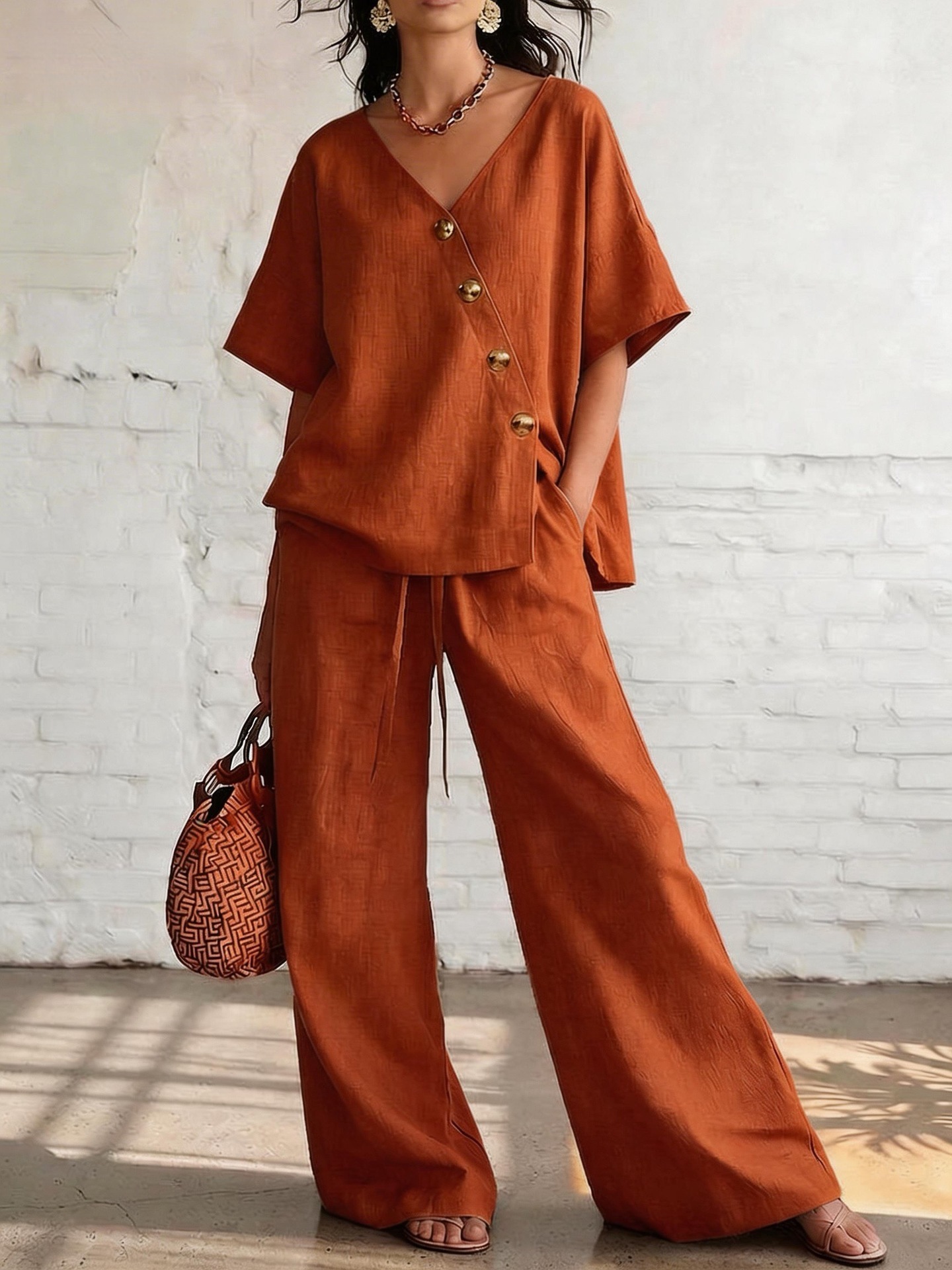 Irresistible Women's 2-Piece Linen Wide-Leg Pants Set | V-Neck Casual Outfit - Image 8