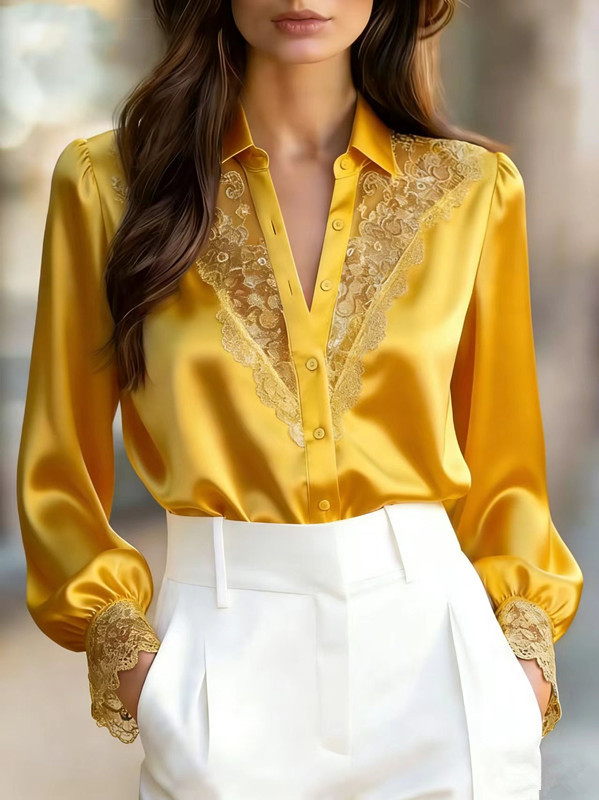 Women's Elegant Lace-Trimmed Satin Blouse – Button-Down Long Sleeve Silk-Like Shirt with Appliqué Details - Image 4