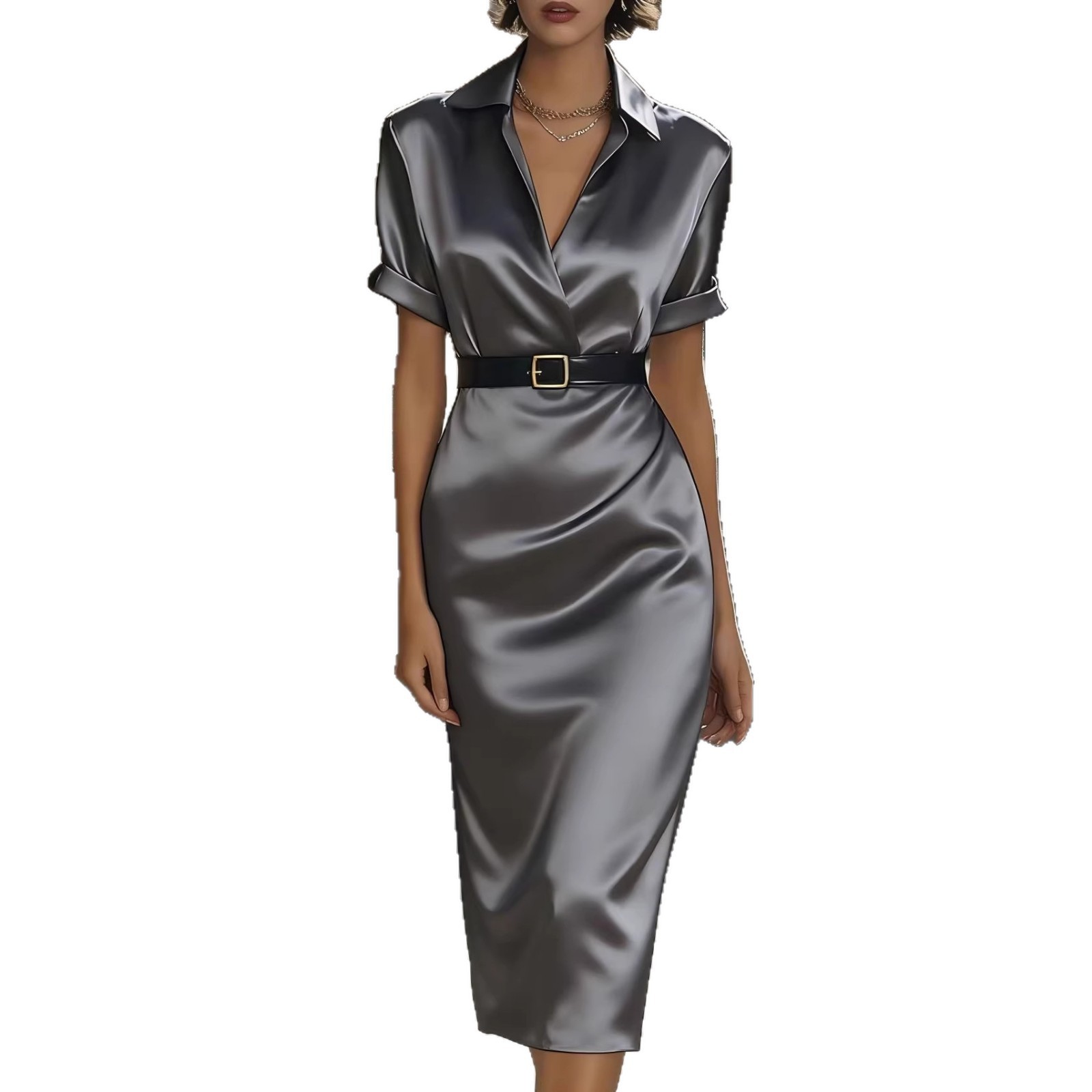 Glamorous Women's Satin Belted Midi Dress | 6 Colors, V-Neck Pencil Dress - Image 4