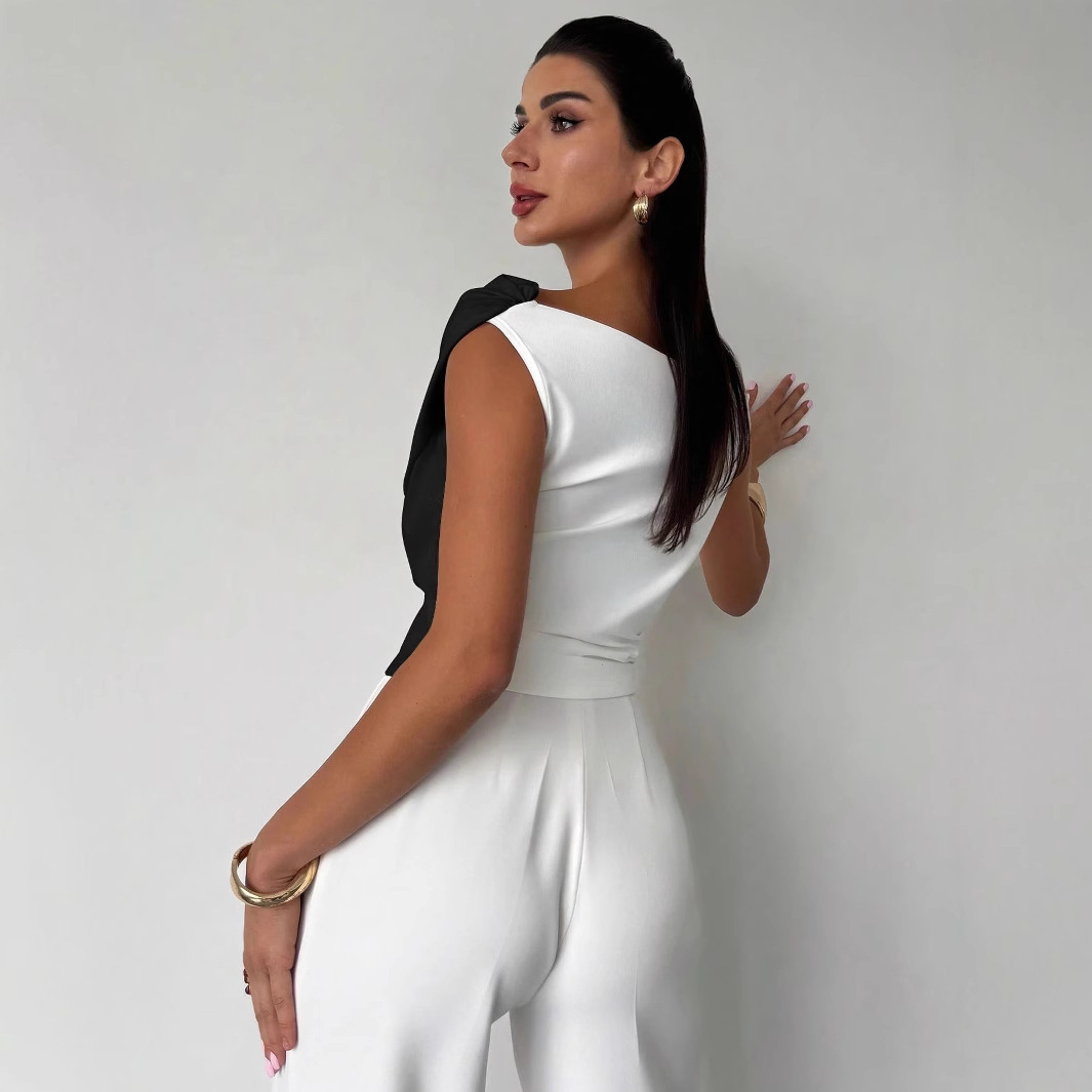 Trendy Slim-Fit Sleeveless Blouse for Women - Colorblock Off Shoulder Crop Top - Image 4