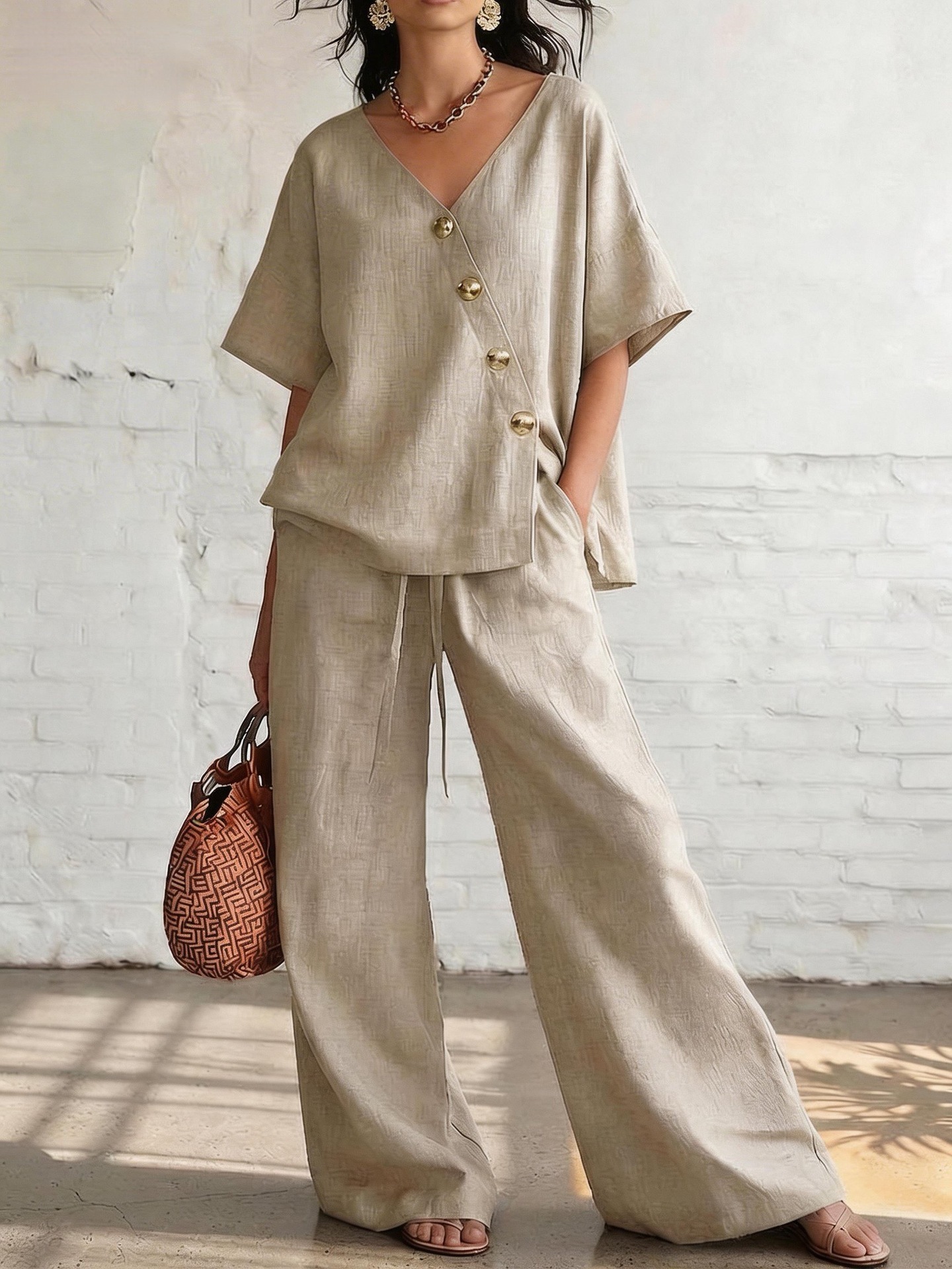 Irresistible Women's 2-Piece Linen Wide-Leg Pants Set | V-Neck Casual Outfit - Image 3