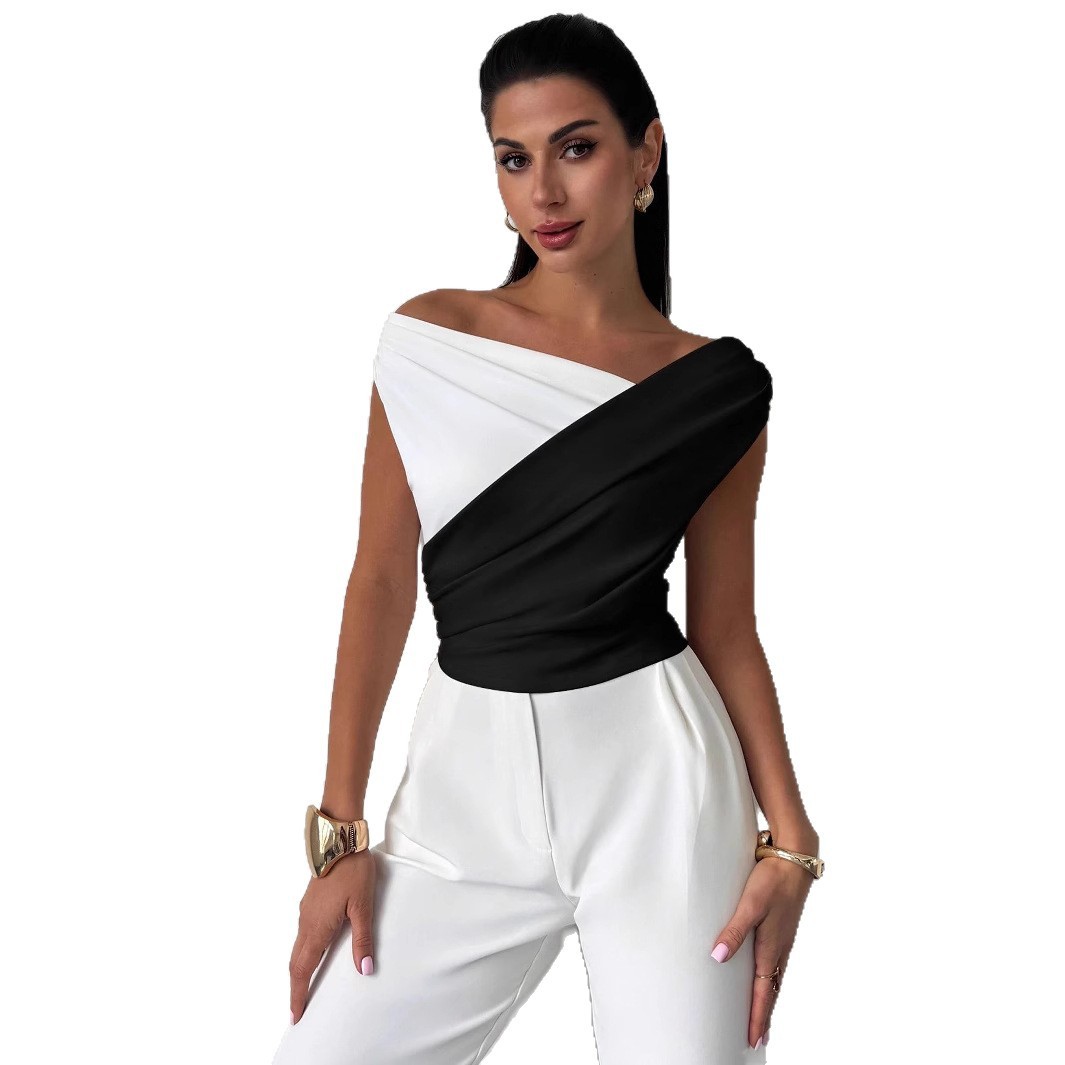 Trendy Slim-Fit Sleeveless Blouse for Women - Colorblock Off Shoulder Crop Top - Image 6