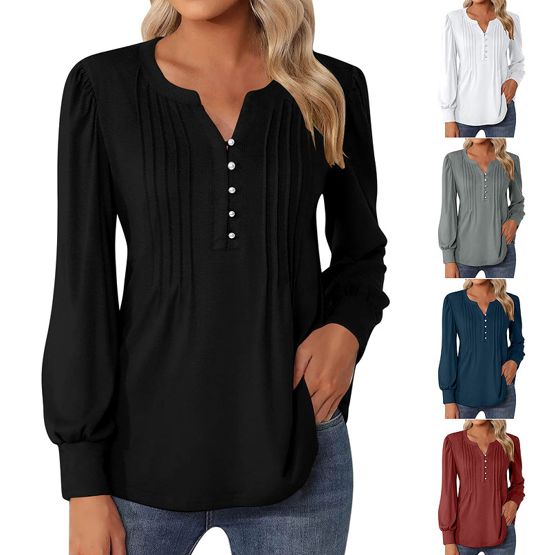 Sophisticated Pleated Henley Blouse – Elegant Long Sleeve Tunic Top - Image 9