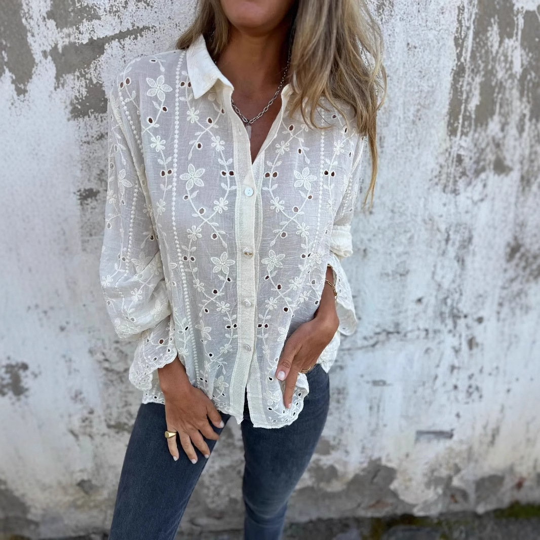 Must-Have Women's Floral Embroidered Eyelet Blouse — Romantic Ruffle Trim, 2 Colors
