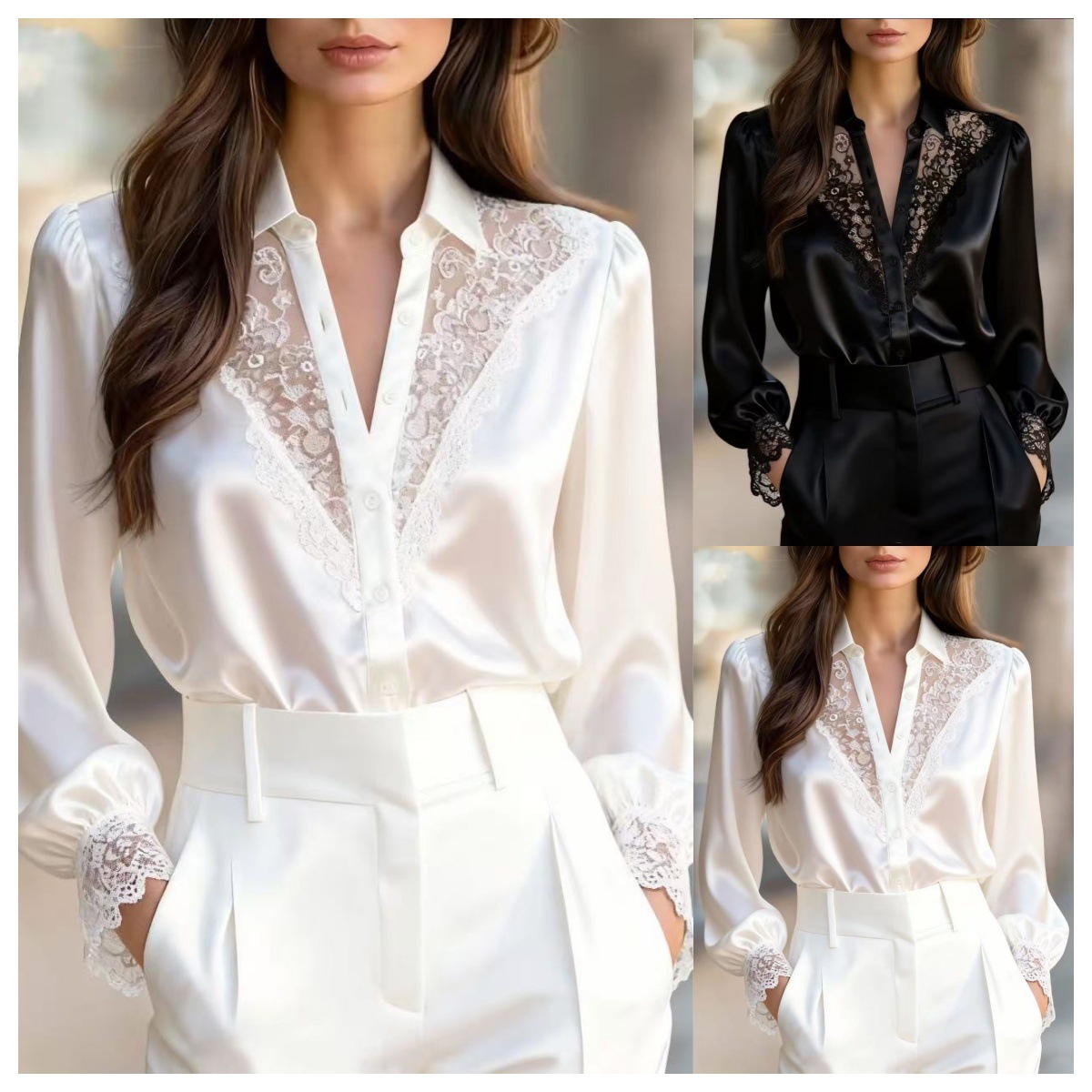 Women's Elegant Lace-Trimmed Satin Blouse – Button-Down Long Sleeve Silk-Like Shirt with Appliqué Details - Image 9
