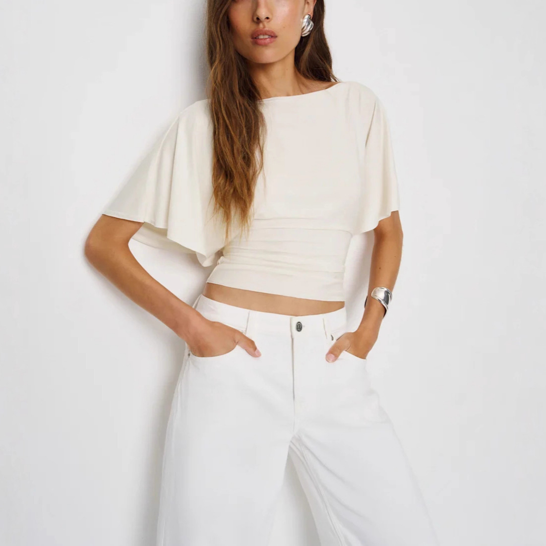 Tie-Back Flutter Sleeve Crop Top - Chic White Blouse