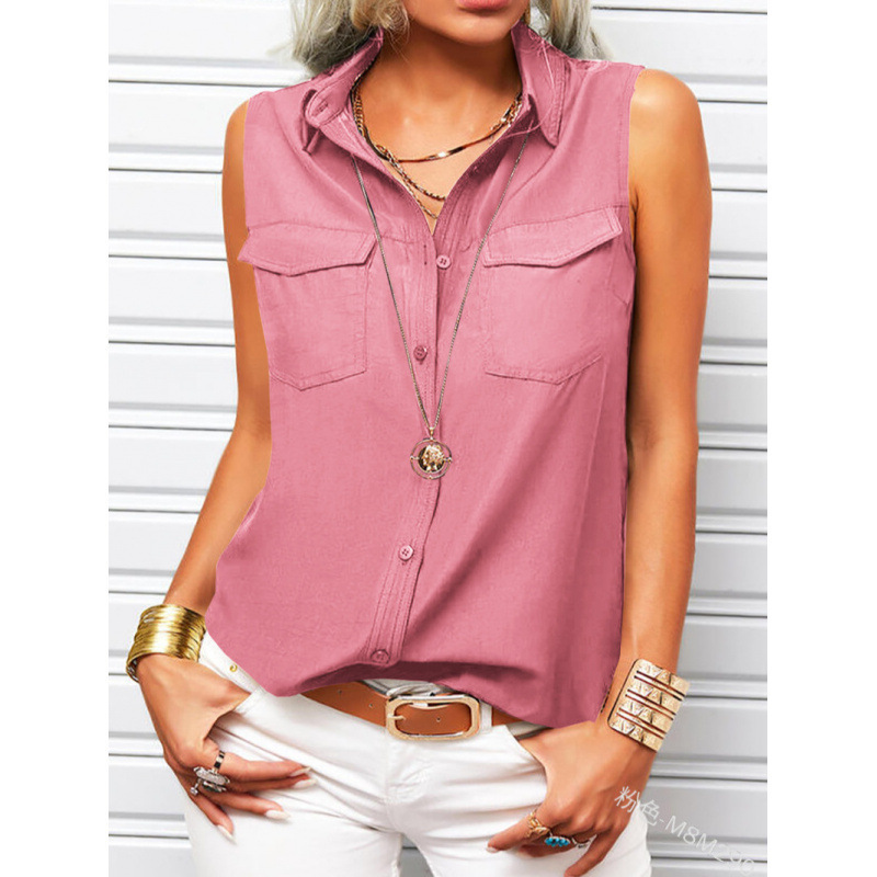 Stunning Women's Sleeveless Button-Down Blouse | 13 Colors, Pocket Top - Image 6