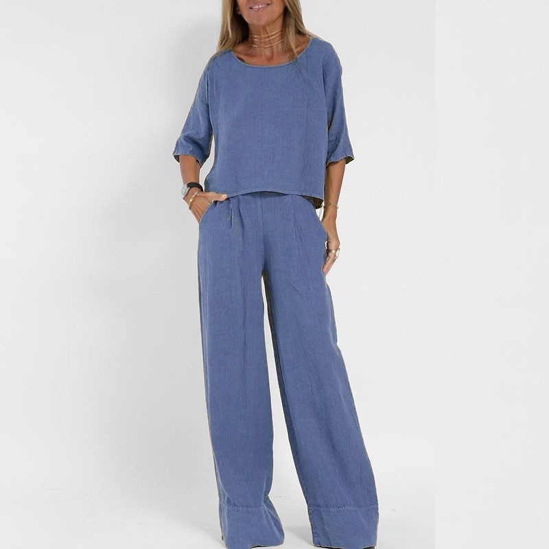 Women's Cotton Two Piece Wide Leg Pants Set - Image 8