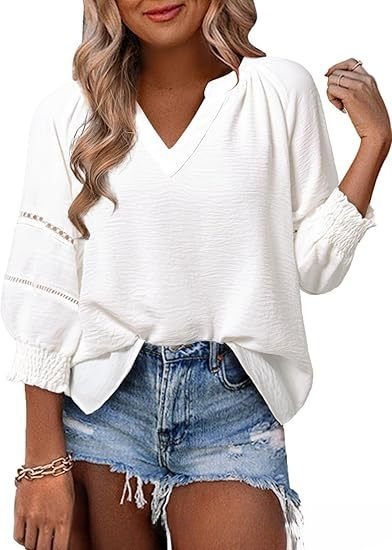 Women's V-Neck Puff Sleeve Blouse | Casual Loose Fit Smocked Cuff Top with Lace Trim Detail - Image 2