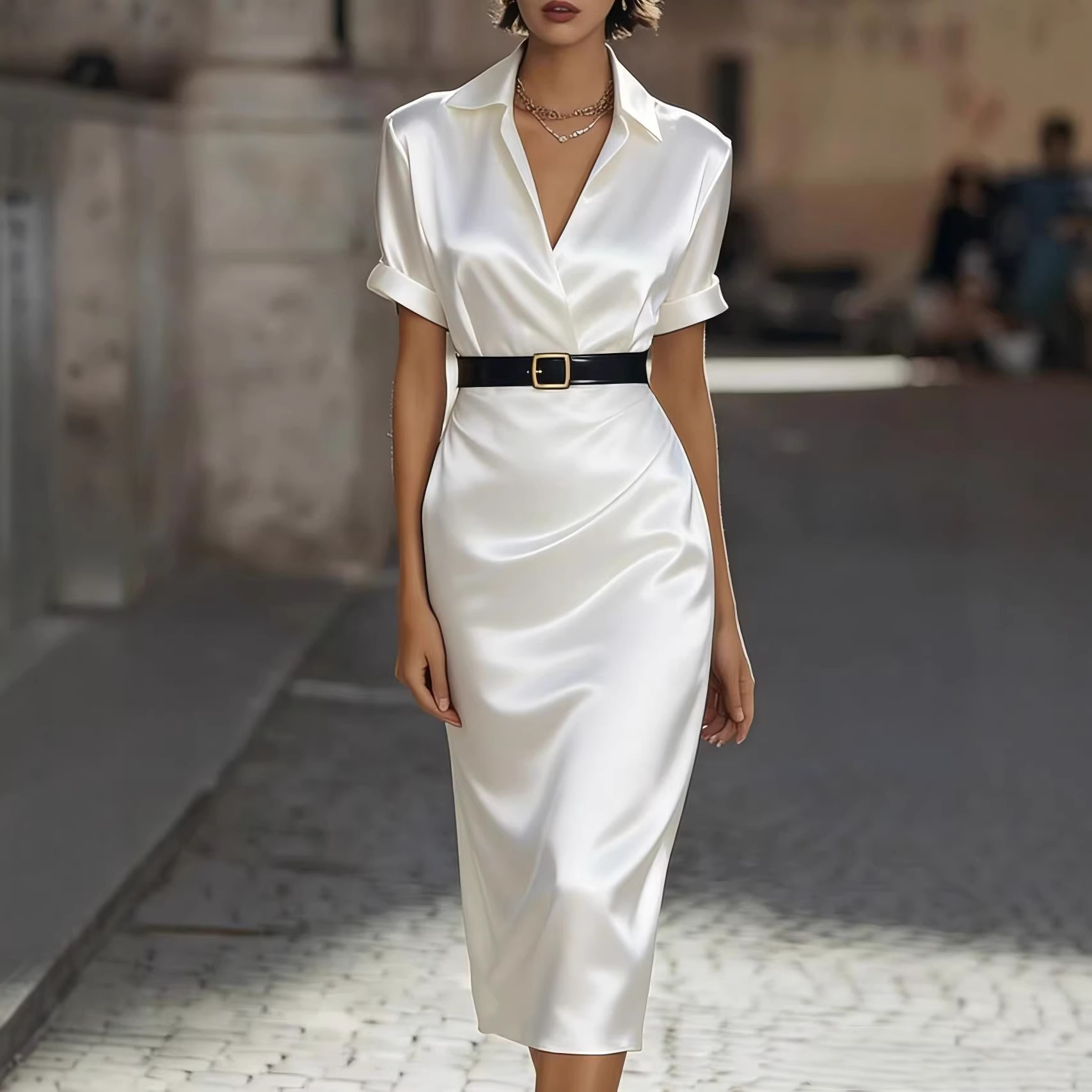 Glamorous Women's Satin Belted Midi Dress | 6 Colors, V-Neck Pencil Dress