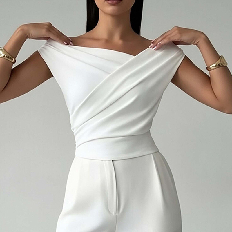 Trendy Slim-Fit Sleeveless Blouse for Women - Colorblock Off Shoulder Crop Top - Image 2