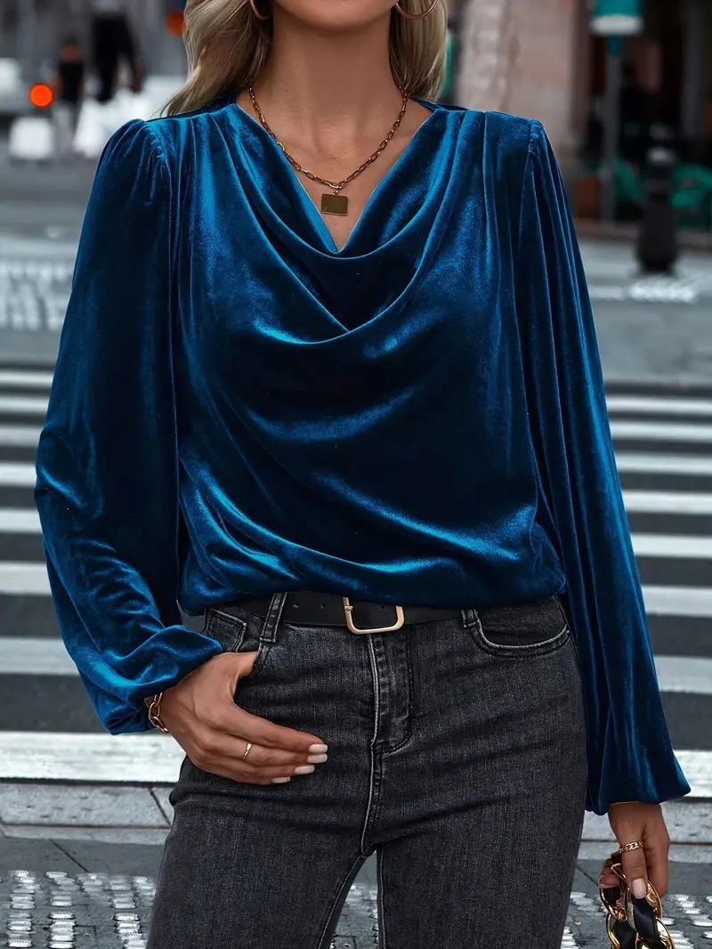 Velvet Cowl Neck Blouse: Elegant Comfortable Top - Image 3
