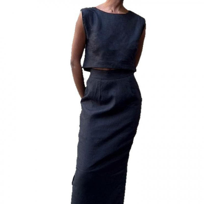 Elegant Linen Two Piece Crop Top & Midi Skirt Set - Image 3