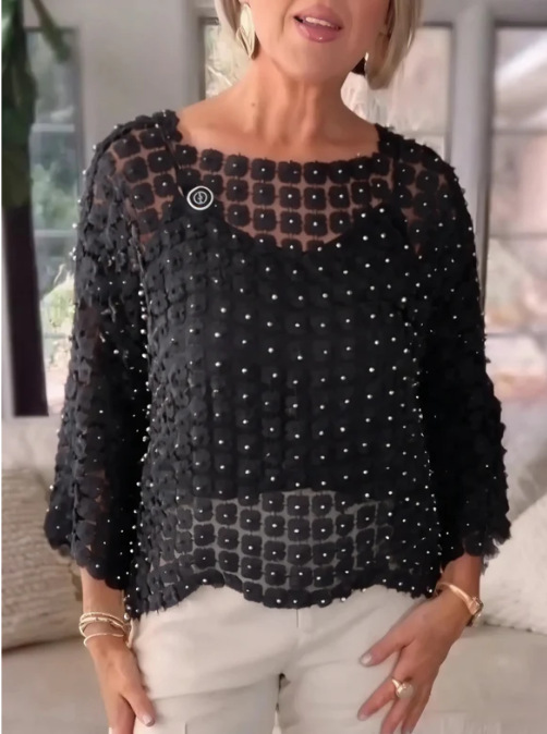 Pearl Beaded Mesh Top Women 3/4 Sleeve - Image 9