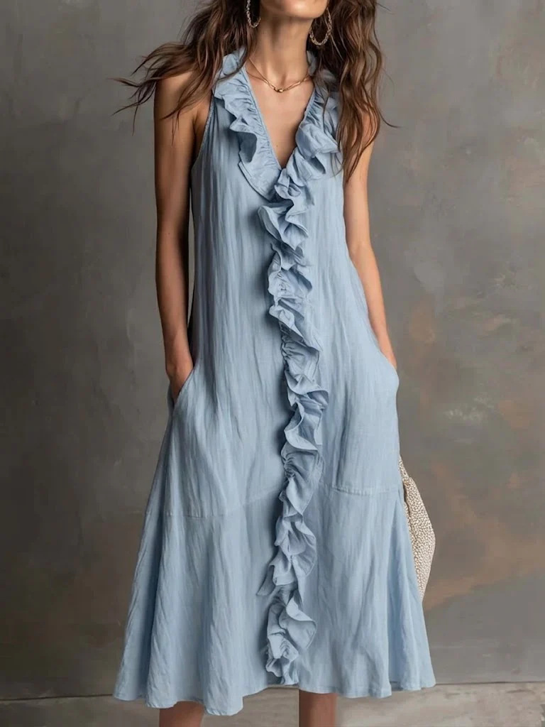 Breathtaking Women's Ruffle V-Neck Maxi Dress | 6 Colors, Linen Sleeveless - Image 10