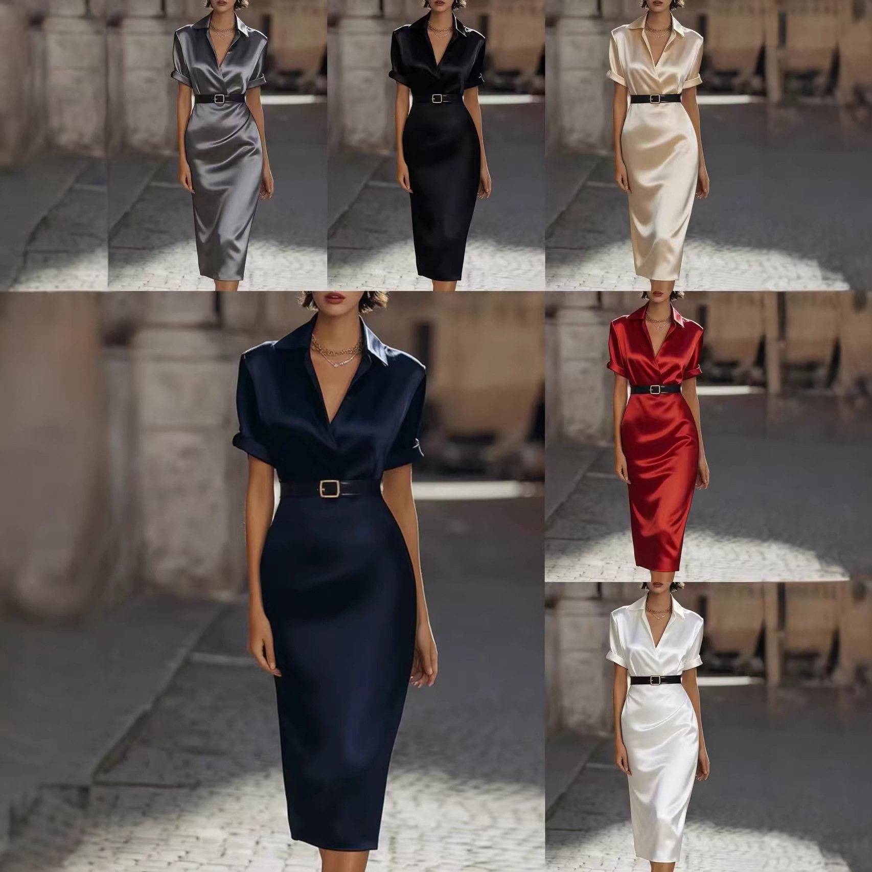 Glamorous Women's Satin Belted Midi Dress | 6 Colors, V-Neck Pencil Dress - Image 9