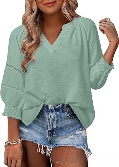 Women's V-Neck Puff Sleeve Blouse | Casual Loose Fit Smocked Cuff Top with Lace Trim Detail - Image 8