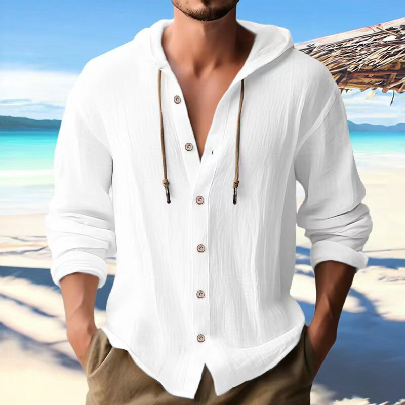 Men's Linen Hooded Button-Down Shirt | 5 Colors, Beach Resort Top - Image 2