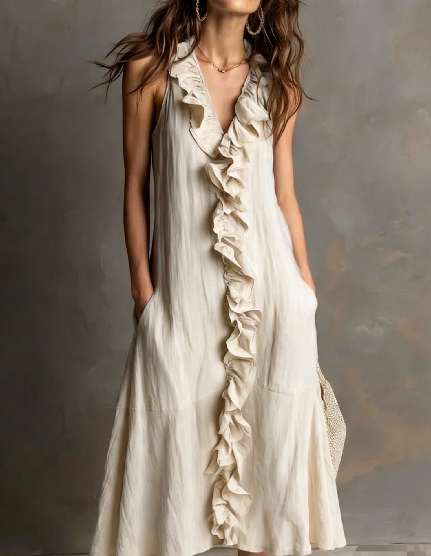 Breathtaking Women's Ruffle V-Neck Maxi Dress | 6 Colors, Linen Sleeveless - Image 8