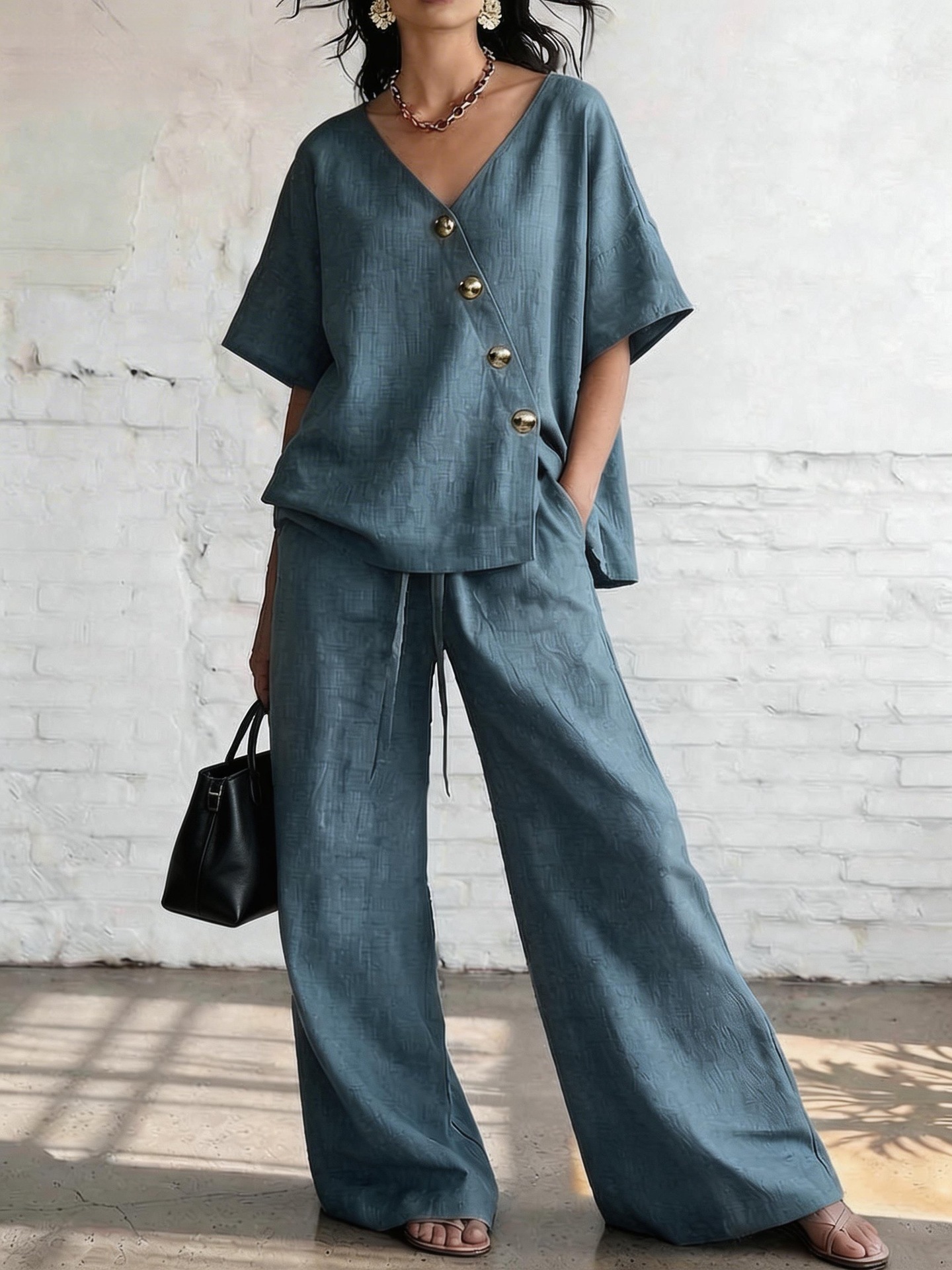 Irresistible Women's 2-Piece Linen Wide-Leg Pants Set | V-Neck Casual Outfit - Image 4