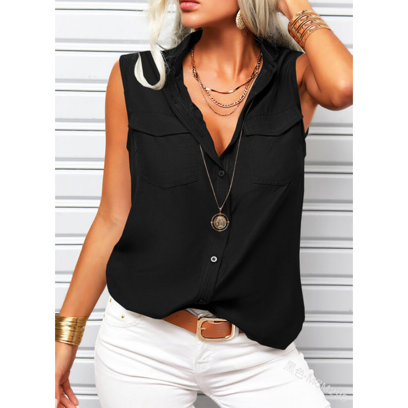 Stunning Women's Sleeveless Button-Down Blouse | 13 Colors, Pocket Top - Image 8