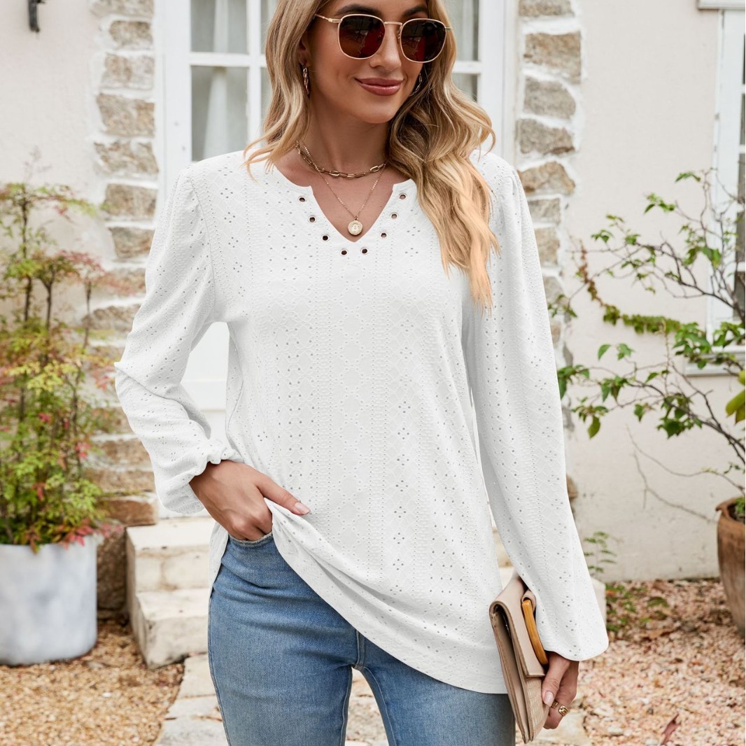 Elegant White Eyelet Puff Sleeve Blouse | Premium V-Neck Top for Women - Image 2