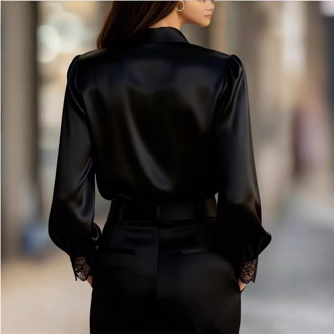 Women's Elegant Lace-Trimmed Satin Blouse – Button-Down Long Sleeve Silk-Like Shirt with Appliqué Details - Image 5