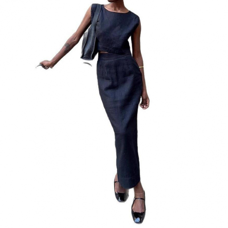 Elegant Linen Two Piece Crop Top & Midi Skirt Set - Image 6