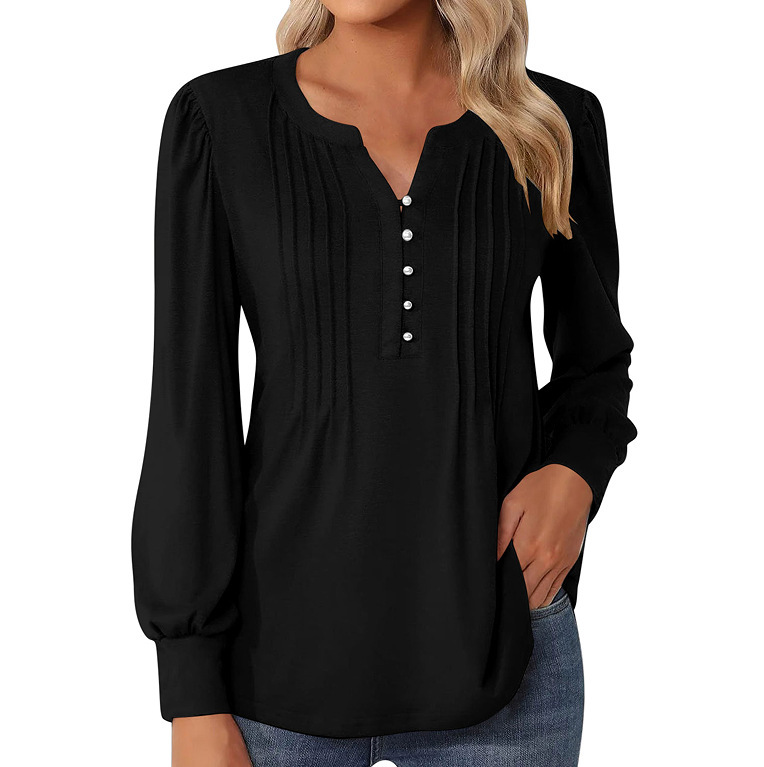 Sophisticated Pleated Henley Blouse – Elegant Long Sleeve Tunic Top - Image 3