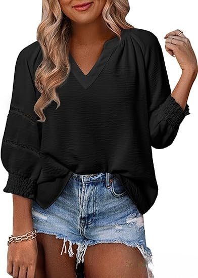 Women's V-Neck Puff Sleeve Blouse | Casual Loose Fit Smocked Cuff Top with Lace Trim Detail - Image 7