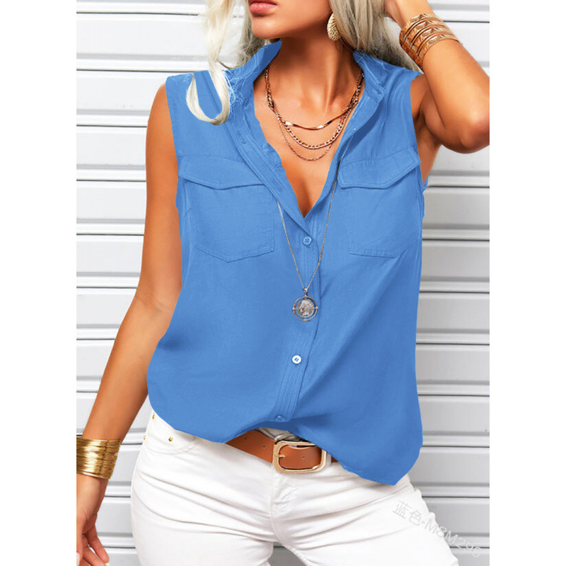 Stunning Women's Sleeveless Button-Down Blouse | 13 Colors, Pocket Top - Image 4