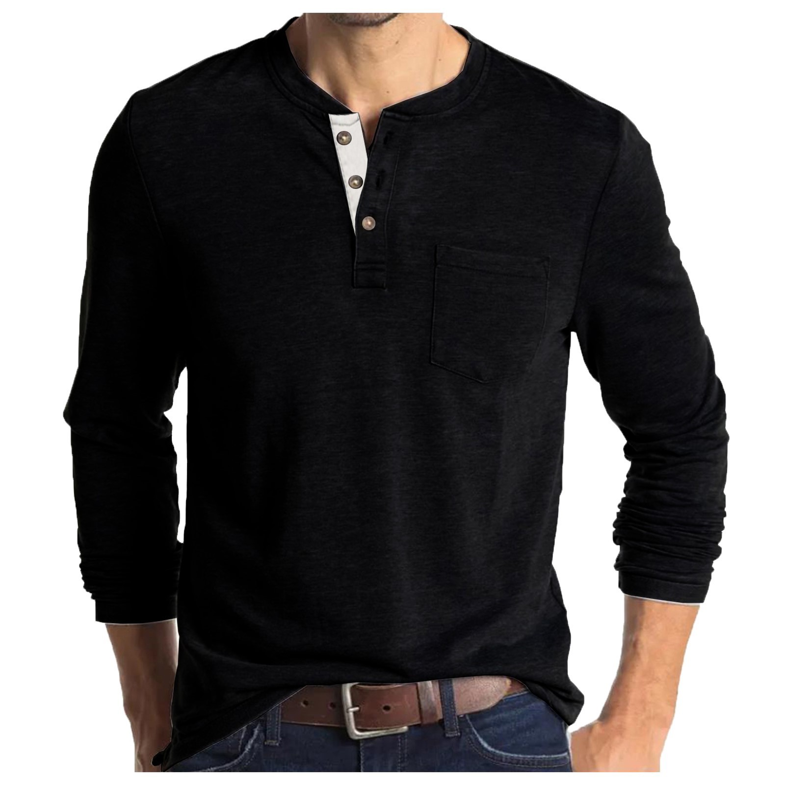 Classic Men's Henley Shirt - Long Sleeve Cotton Blend with Pocket - Image 5
