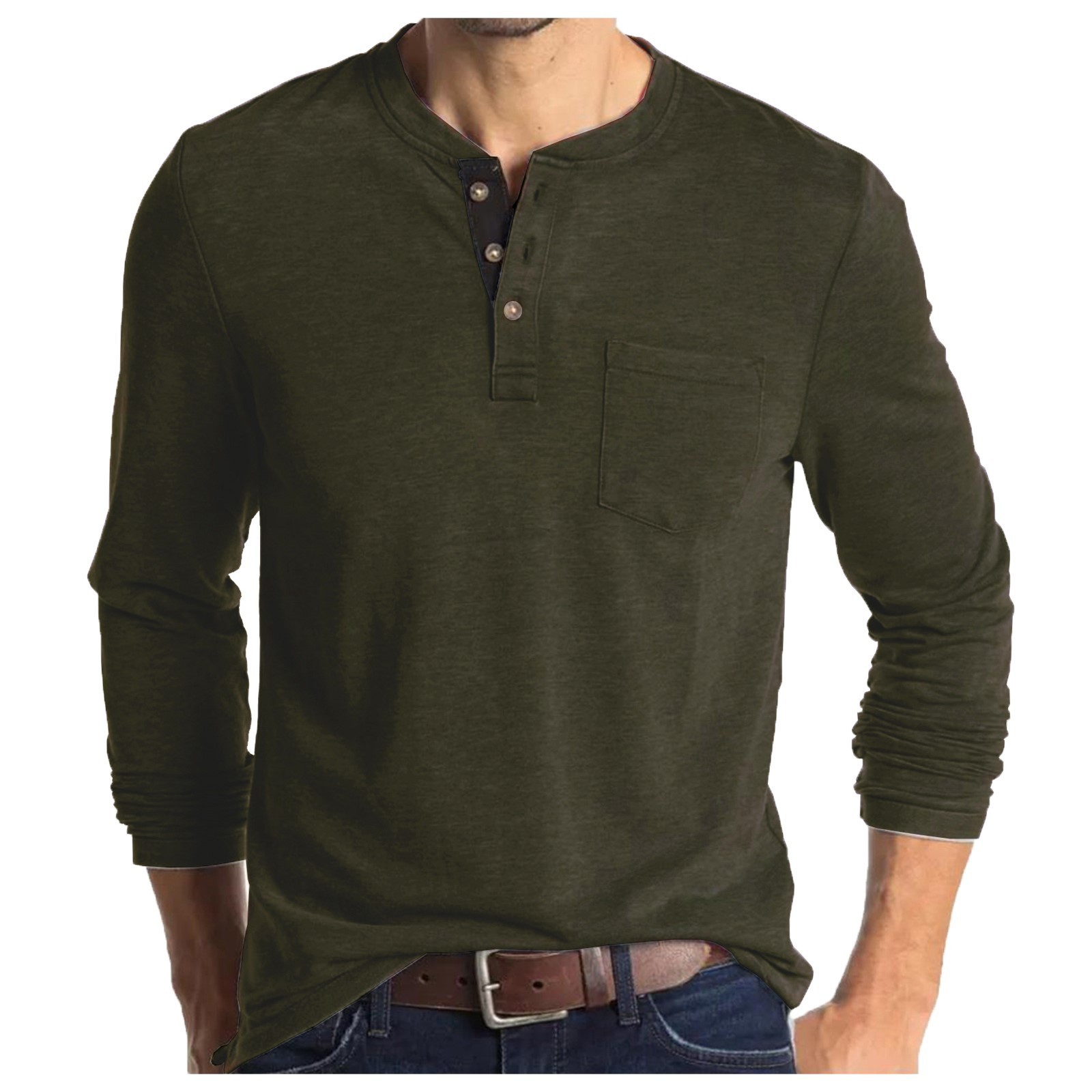 Classic Men's Henley Shirt - Long Sleeve Cotton Blend with Pocket - Image 7