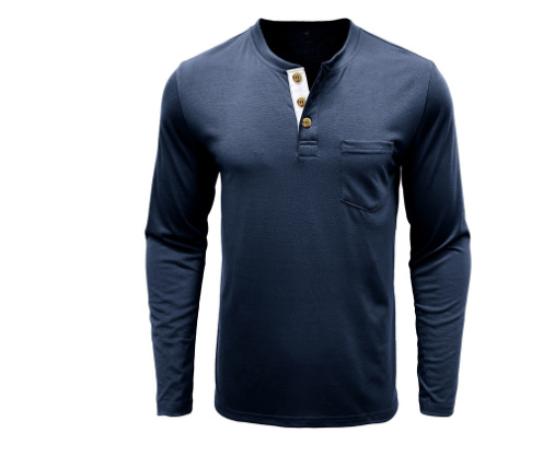 Classic Men's Henley Shirt - Long Sleeve Cotton Blend with Pocket - Image 9