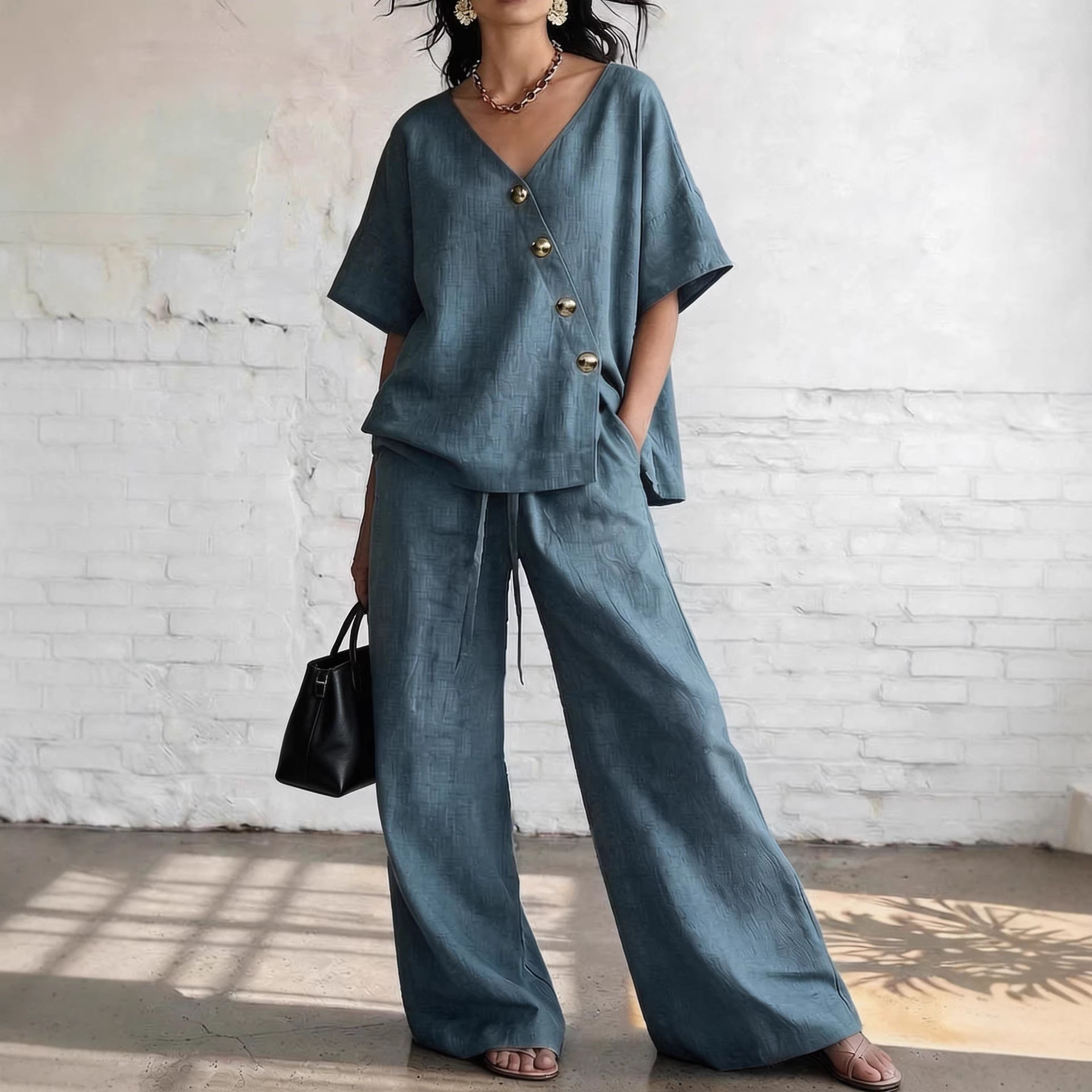 Irresistible Women's 2-Piece Linen Wide-Leg Pants Set | V-Neck Casual Outfit - Image 6