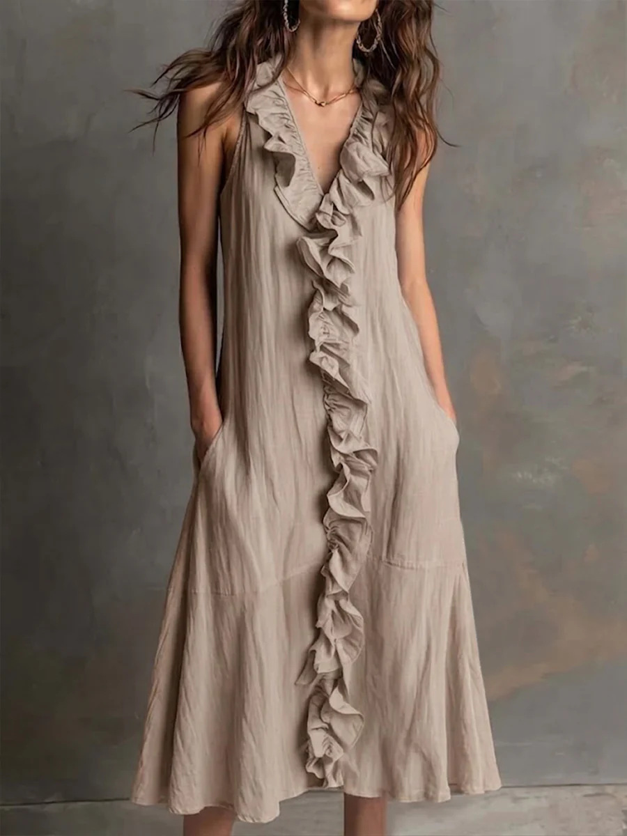 Breathtaking Women's Ruffle V-Neck Maxi Dress | 6 Colors, Linen Sleeveless - Image 4