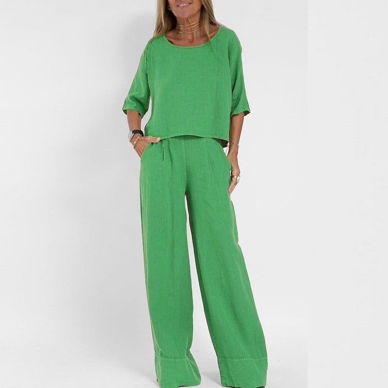 Women's Cotton Two Piece Wide Leg Pants Set - Image 3