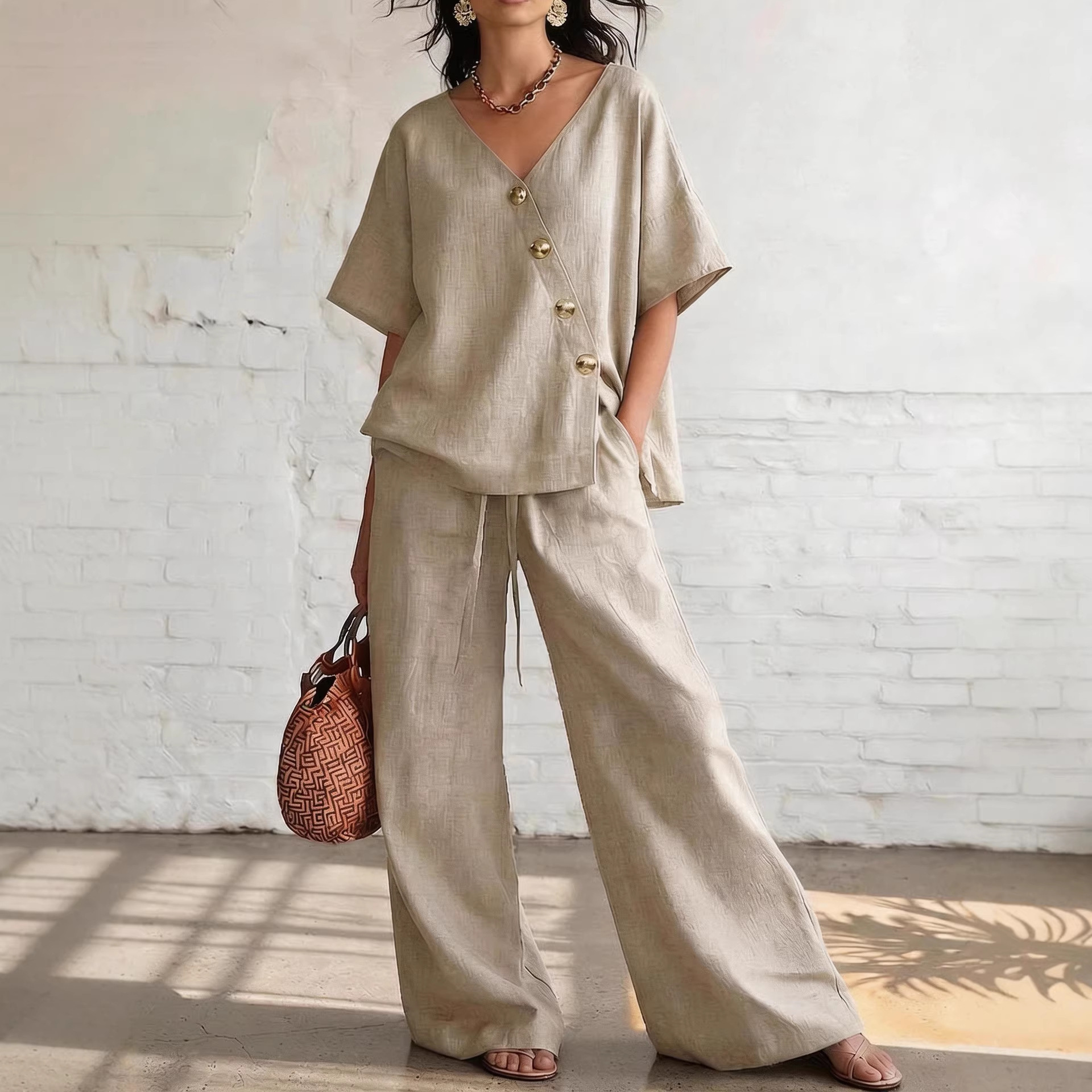 Irresistible Women's 2-Piece Linen Wide-Leg Pants Set | V-Neck Casual Outfit