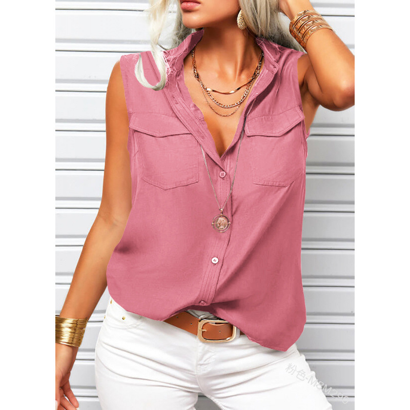 Stunning Women's Sleeveless Button-Down Blouse | 13 Colors, Pocket Top - Image 2