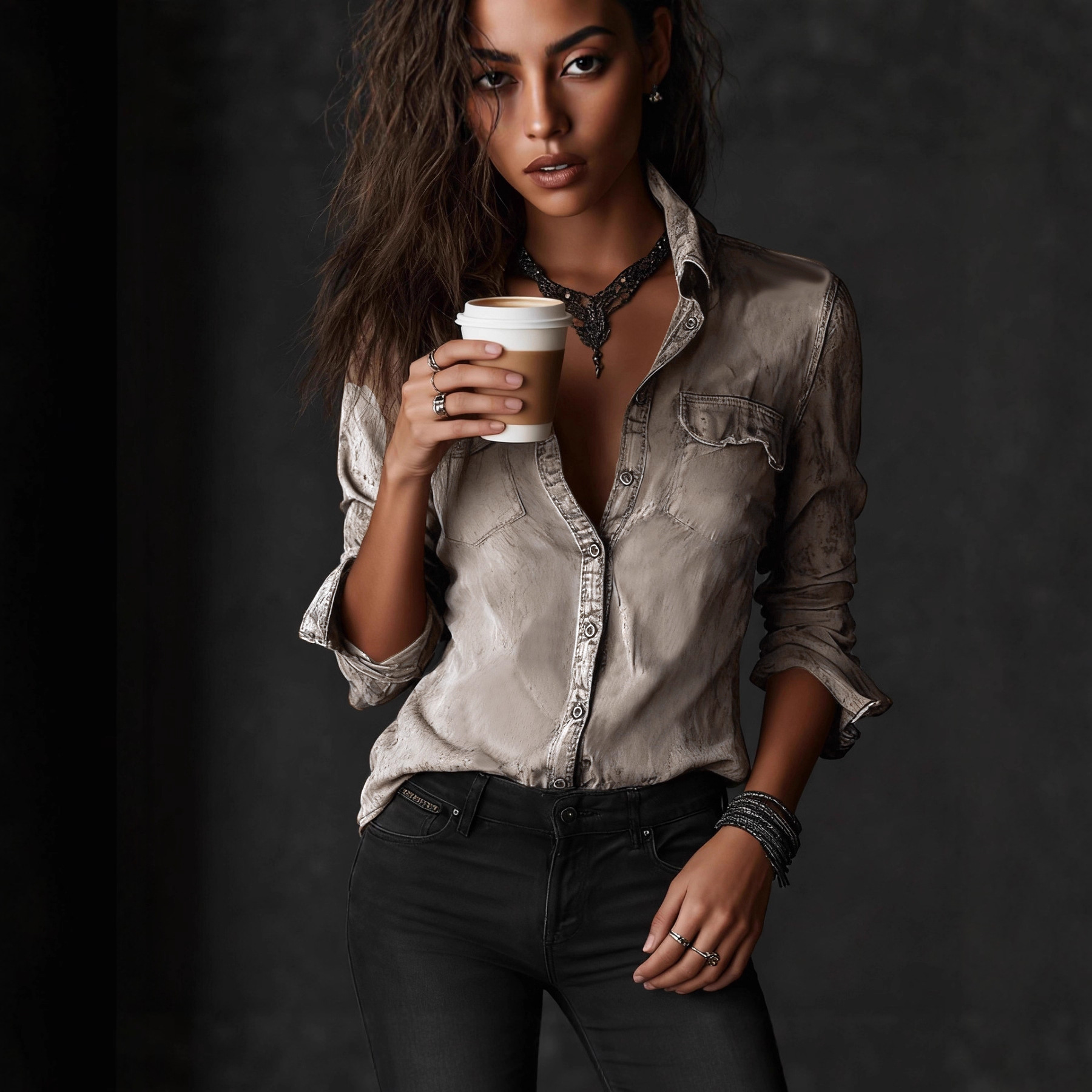 Women’s Vintage Wash Utility Button-Down Shirt – Oversized Distressed Casual Blouse in Taupe - Image 4