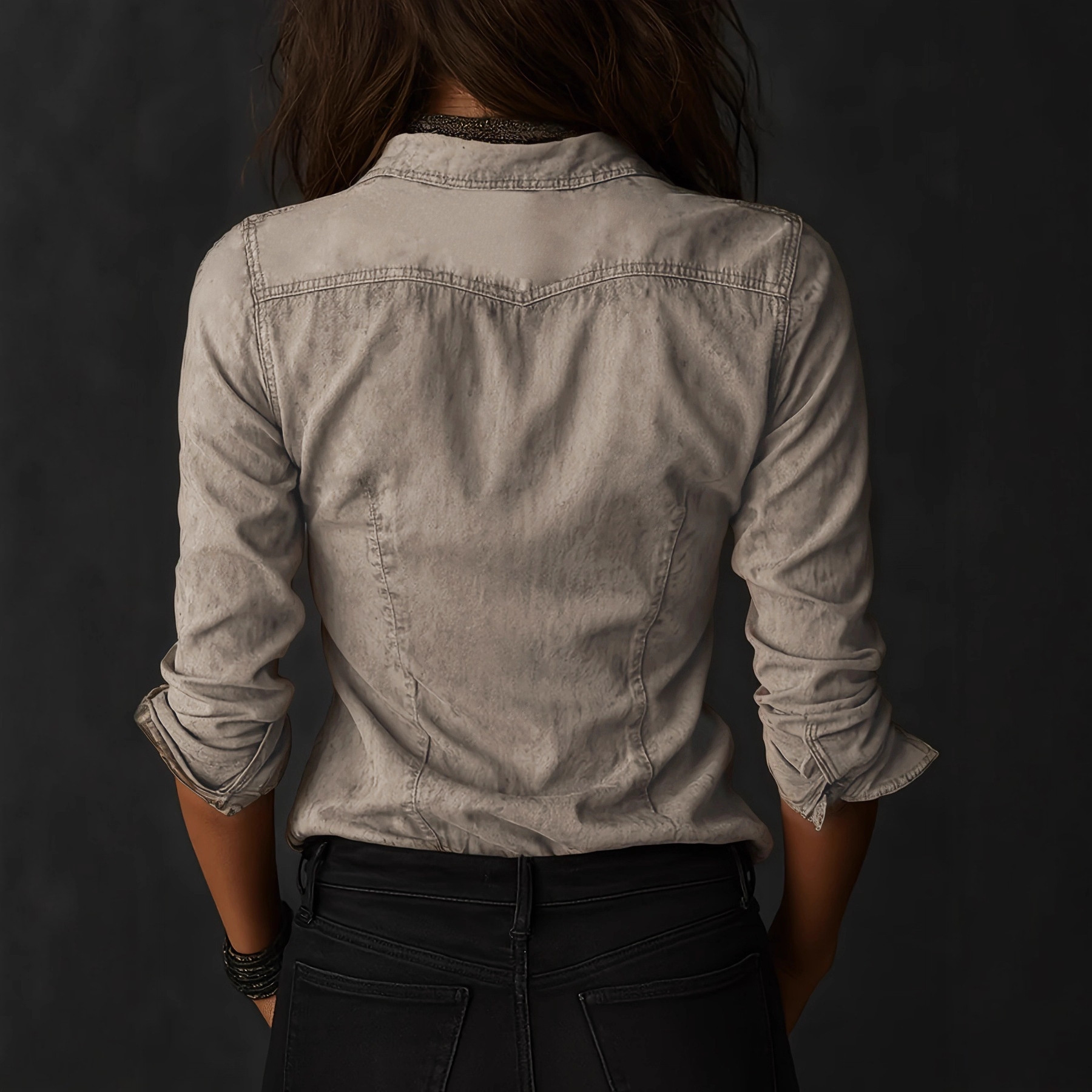 Women’s Vintage Wash Utility Button-Down Shirt – Oversized Distressed Casual Blouse in Taupe - Image 3